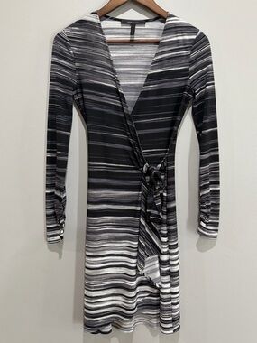 BCBGMaxAzria Black & White Striped Wrap Dress - Long Sleeve